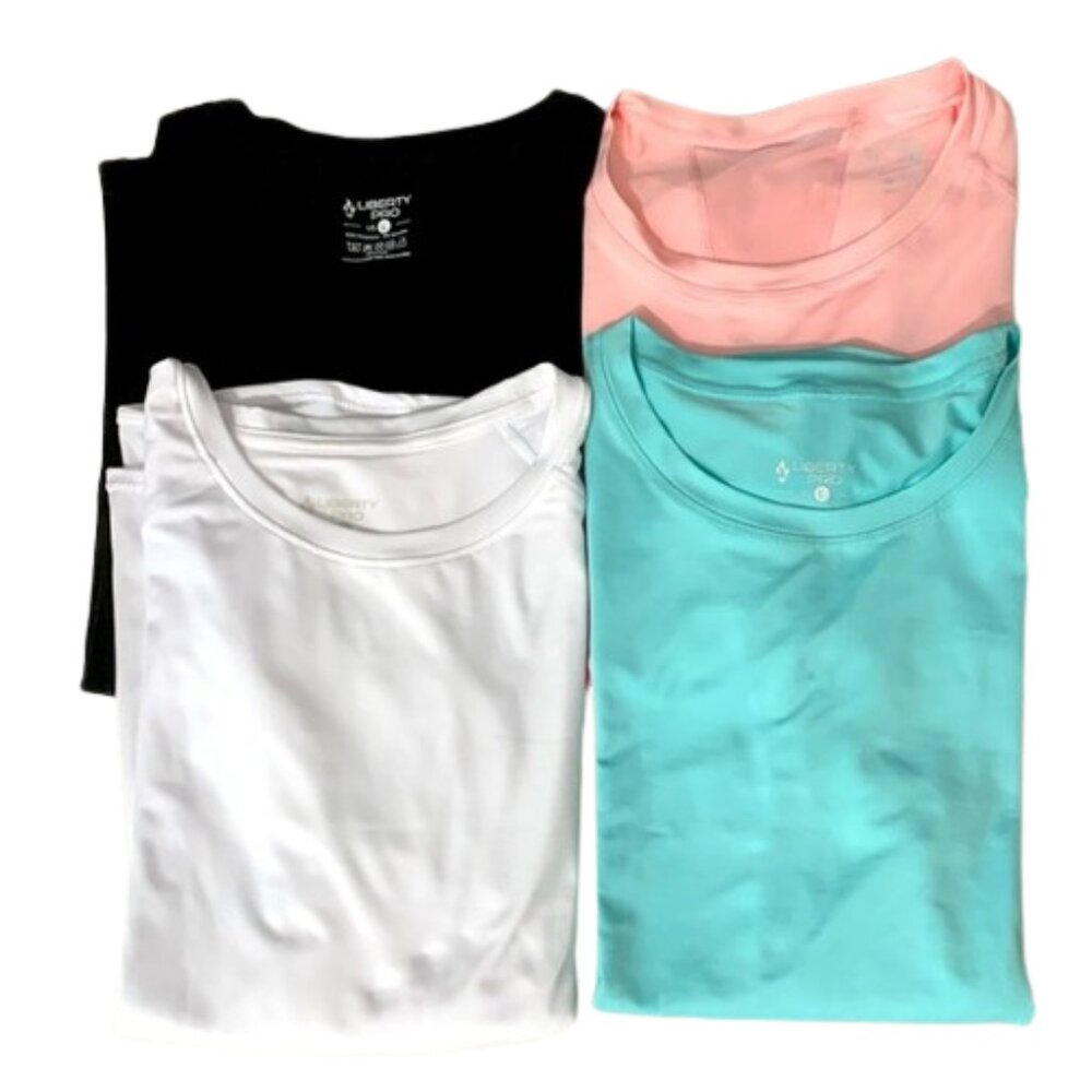 Womens Dry Fit Workout Shirts, Short Sleeve Athletic Gym Tshirts. 4 Pack. Pink/W